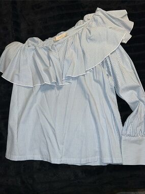 LOFT Light Blue and White Striped Off-Shoulder Ruffle Top